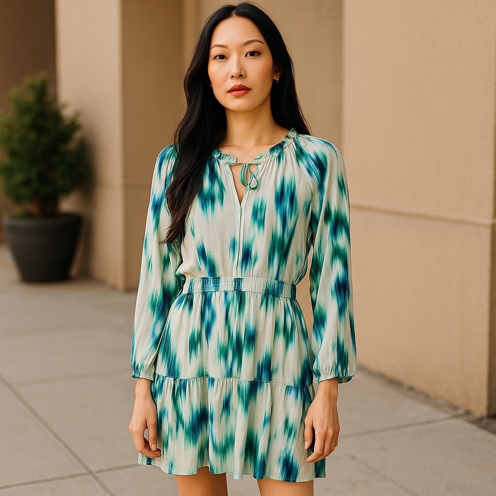 Candace Cameron Bure Teal and White Long Sleeve Dress